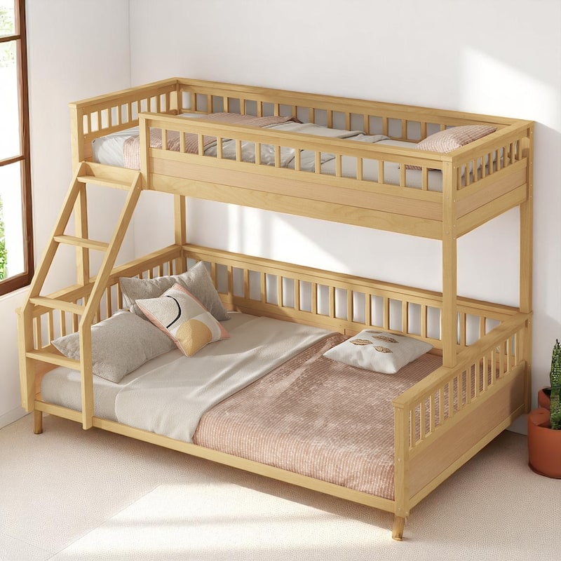 Convertible Twin XL Over Queen Size Bunk Bed with Safety Rails, Ladder and Wood Slats, No Box Spring Needed - Natural - Twin
