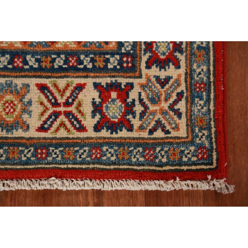 Red Geometric Kazak Foyer Rug Hand-Knotted Wool Carpet - 2'7"x 4'0"