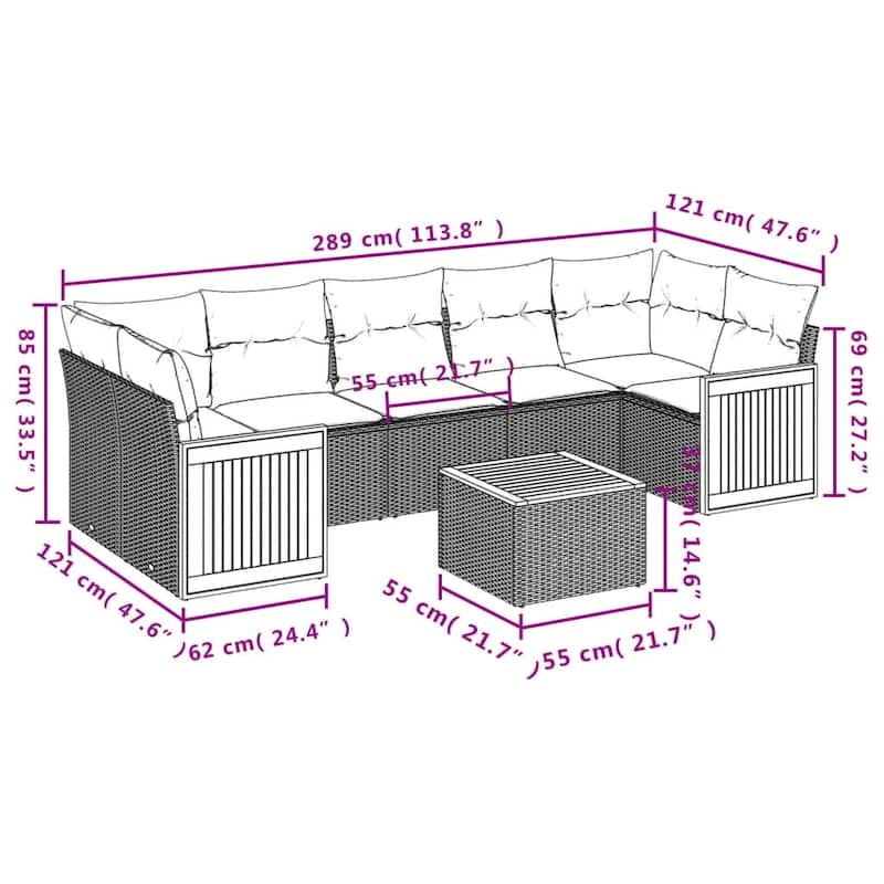 vidaXL Patio Sofa Set with Cushions Outdoor Furniture 8 Piece Poly Rattan - 21.7 x 21.7 x 14.6
