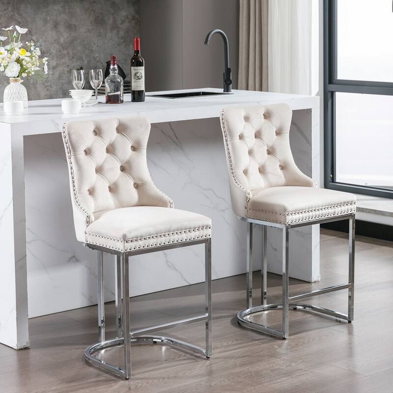 2PCS Velvet Counter Height Bar Stools - Beige