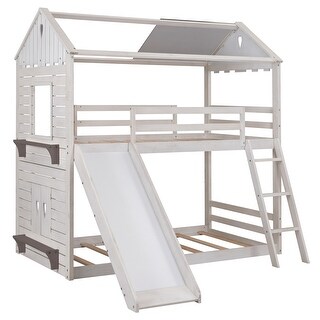 Twin Over Twin Wood Bunk Bed with Roof, Window, Shelf, Slide and Ladder ...