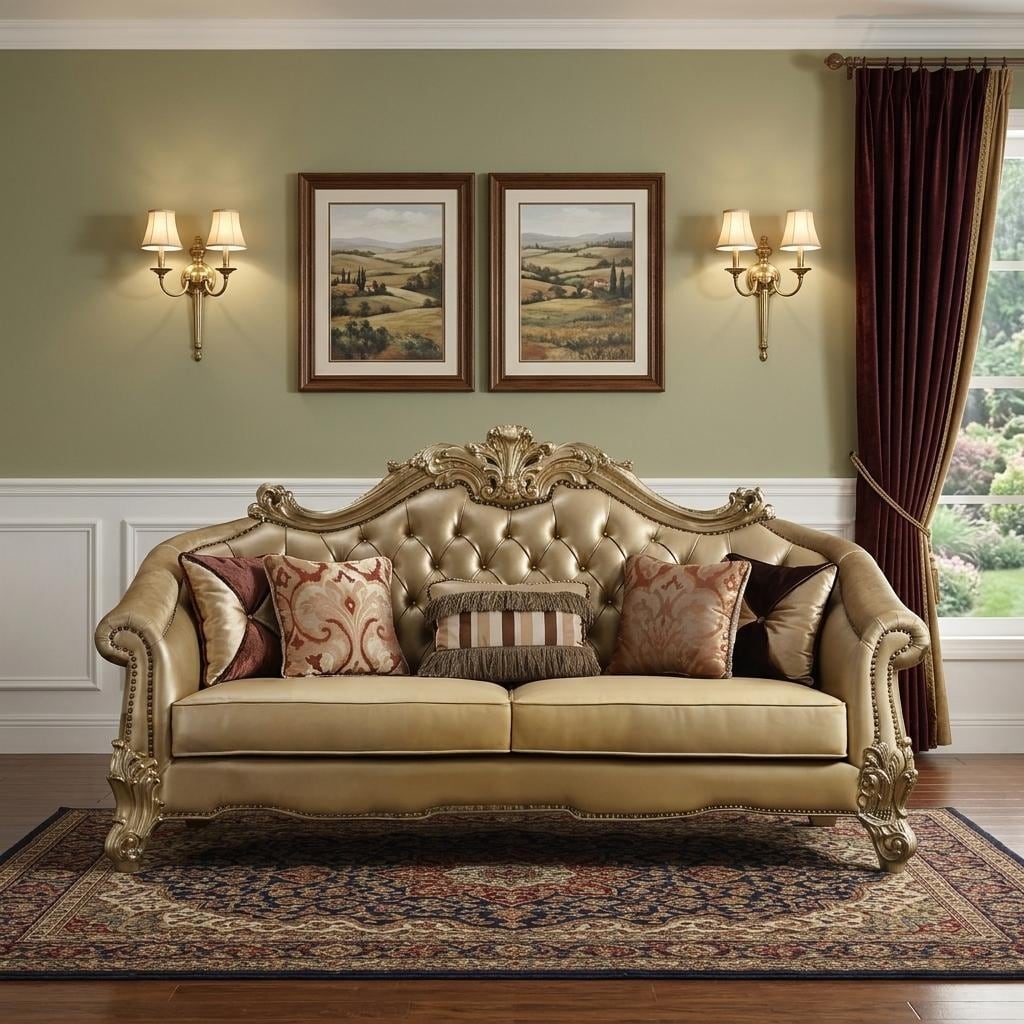 HomeRoots 89" Bone Faux Leather Sofa And Toss Pillows With Gold Legs