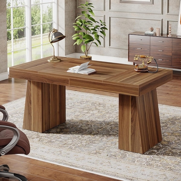 55 Inches Mid-Century Executive Desk with Double Trapezoid Base