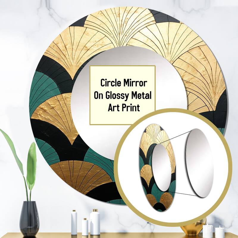 Designart "Emerald And Golden Arches" Abstract Shapes Living Room Mirror - gold Modern Large Round Mirror