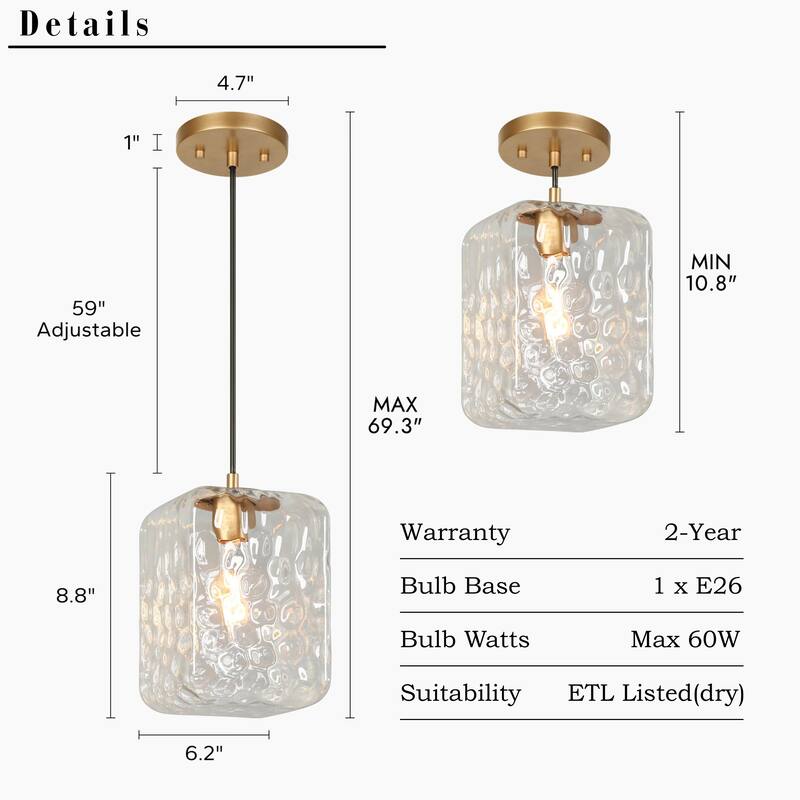 Modern 1-Light Black Gold Pendant Light Fixture Textured Glass Rectangular Shade Kitchen Island Light for Dining Room