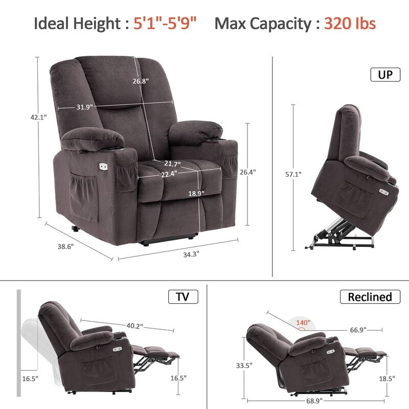 MCombo Electric Power Lift Recliner Chair with Extended Footrest, Fabric 7507