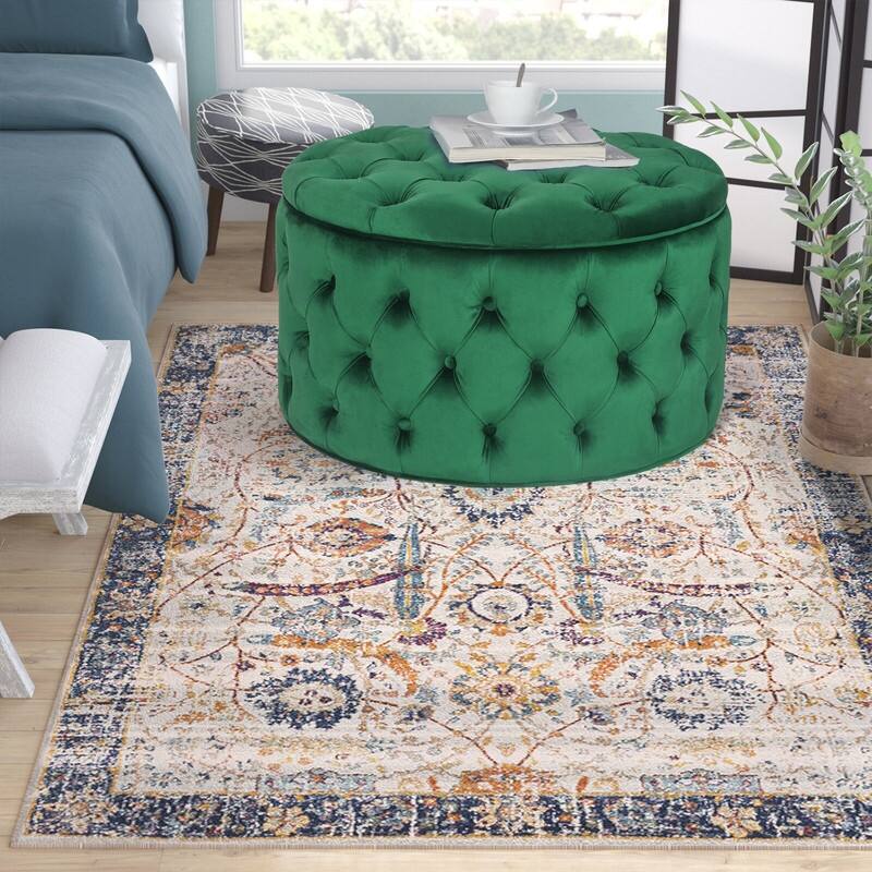 Adeco Round Storage Ottoman Button Tufted Footrest Stool Bench