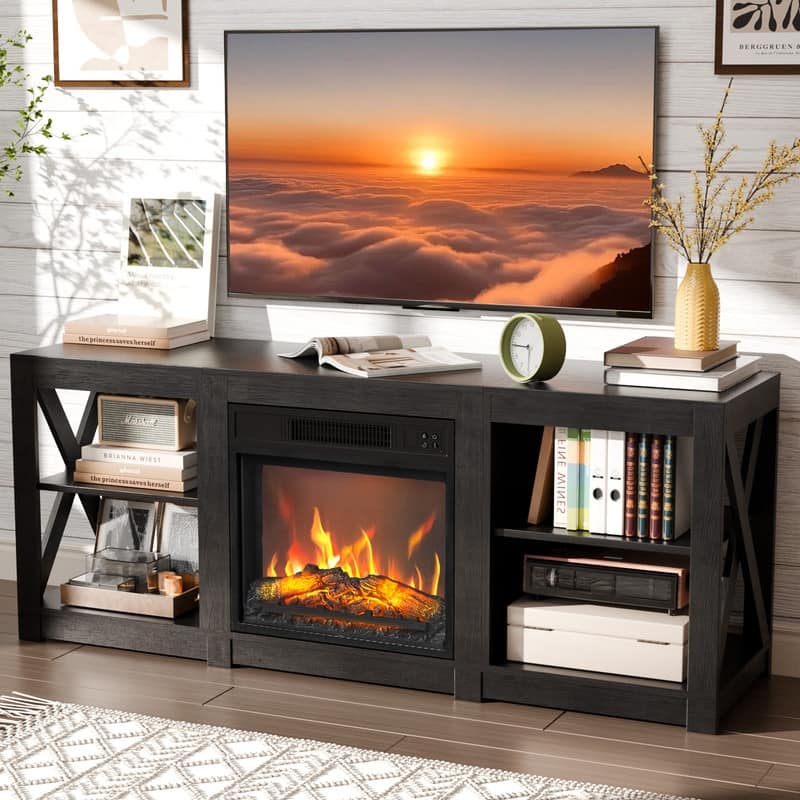TV Stand with Optional Fireplace for TVs up to 70in Farmhouse Entertainment Center with Adjustable Shelves - Fireplace Including - Black