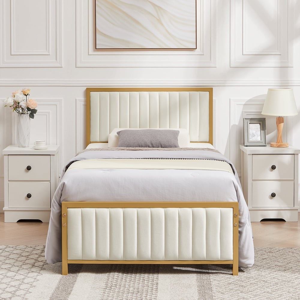 VECELO Upholstered Bed Frame with Tufted Headboard & Footboard Heavy Duty Steel Slats Platform No Box Spring Needed