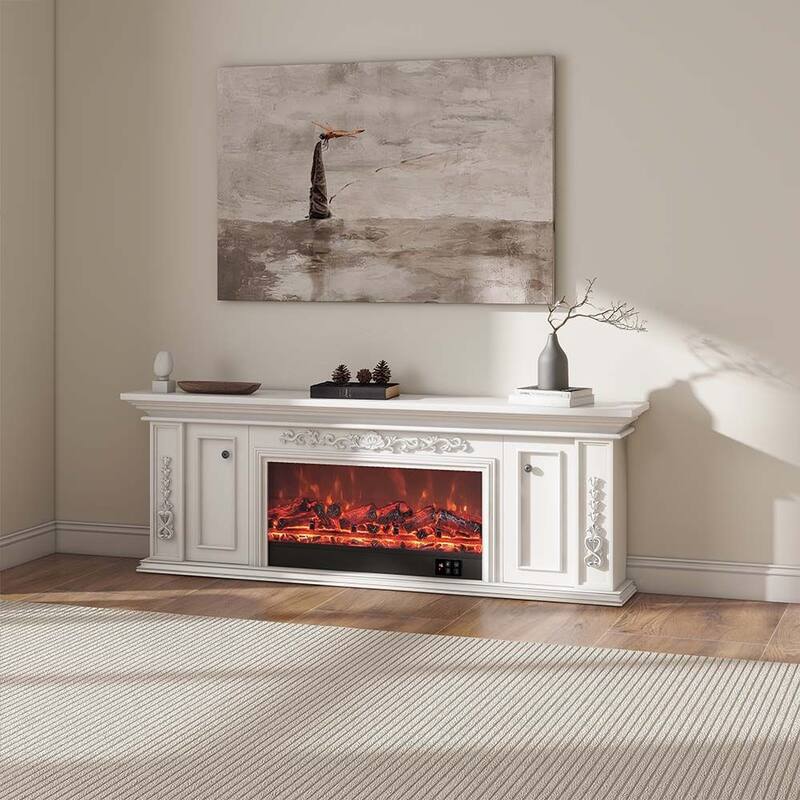 78.74" Modern Electric Fireplace TV Stand with LED Flame Effects，Beige TV Console, 2 Drawers, MDF