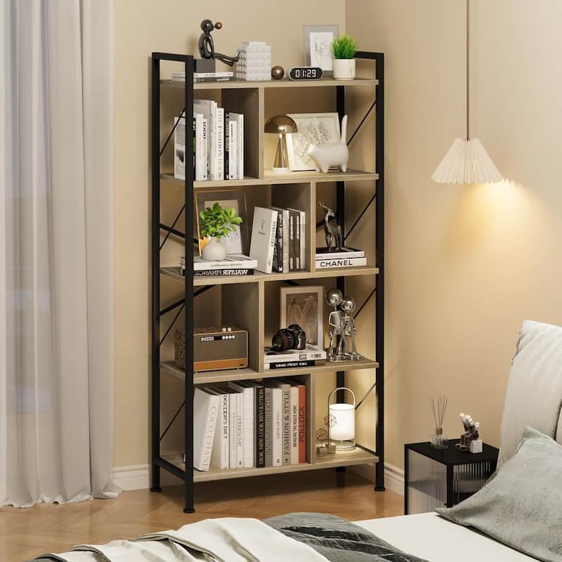 5 Tier Bookshelf with Storage,Book Shelf for Living Room - Grey