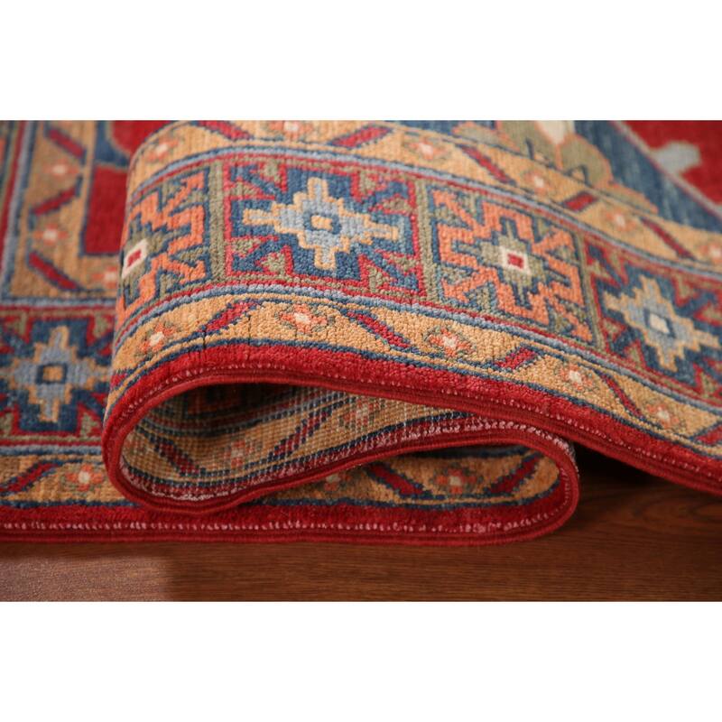 Red Geometric Kazak Accent Rug Hand-Knotted Wool Carpet - 3'4"x 5'0"
