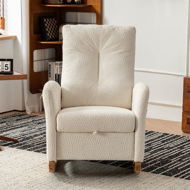 High Back Wood Rocking Chair with Footrest and Side Storage Pocket - Beige