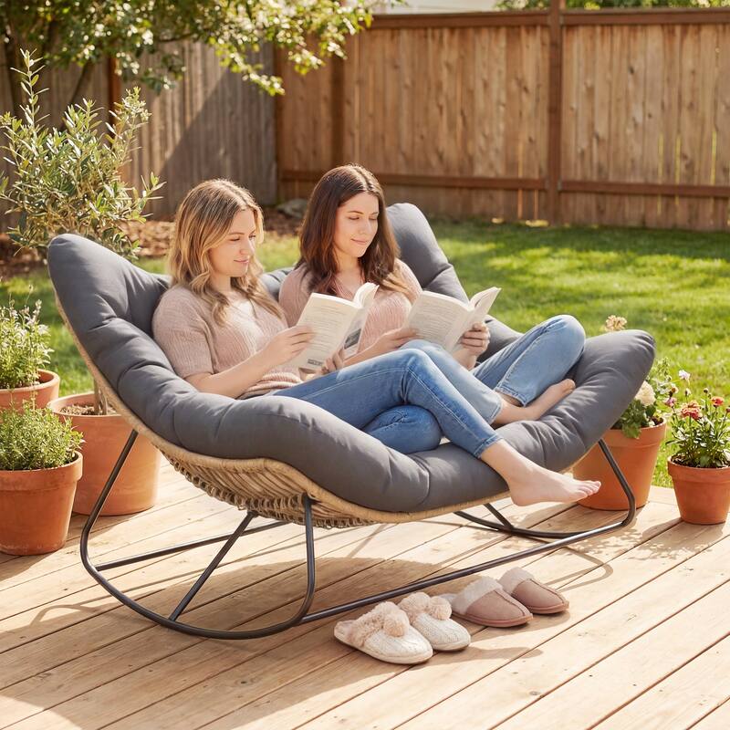 Outsunny Double Papasan Rocking Chair, Wicker Oversized Indoor Outdoor Rocking Chair with Cushion - Grey