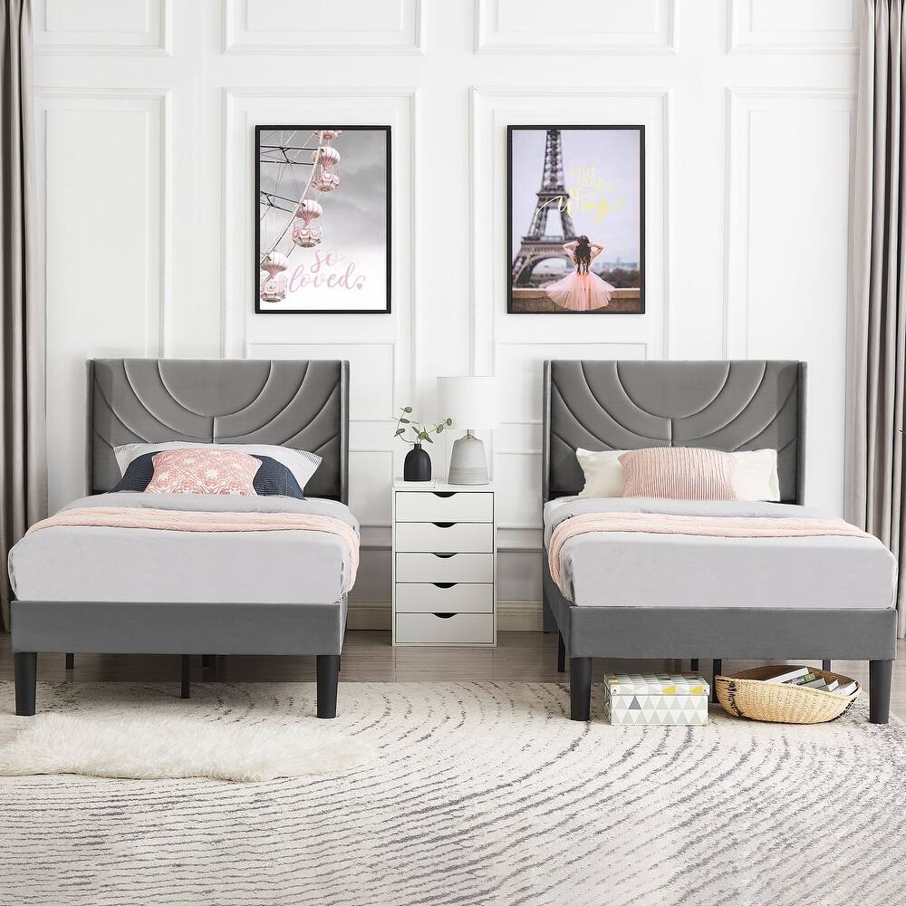 Kids Bed Frame, Height Adjustable Upholstered Bed, Twin Size Bed Set of 2