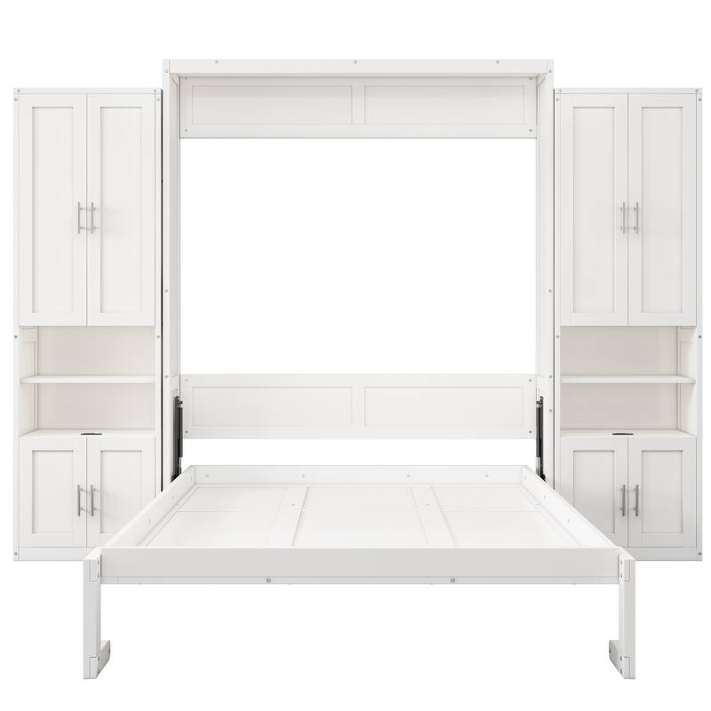 Queen/Full Size White Murphy bed with side cabinets and storage shelves