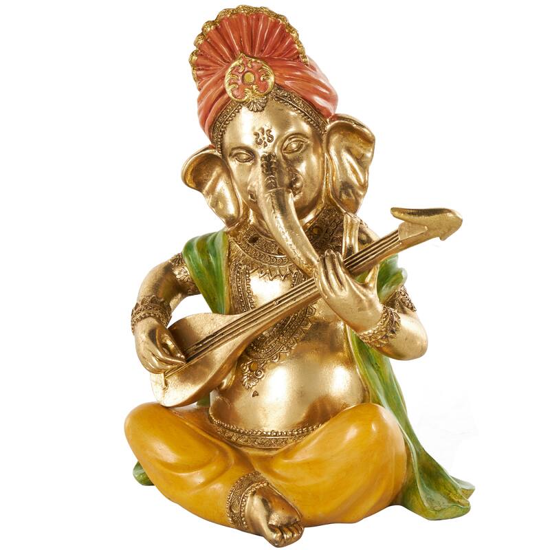 Gold Resin Musician Ganesh Decorative Sculpture with Green, Yellow, and Red Accents