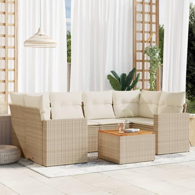 vidaXL Patio Sofa Set with Cushions Outdoor Furniture 7 Piece Poly Rattan - 21.7 x 21.7 x 14.6 - Beige and Cream