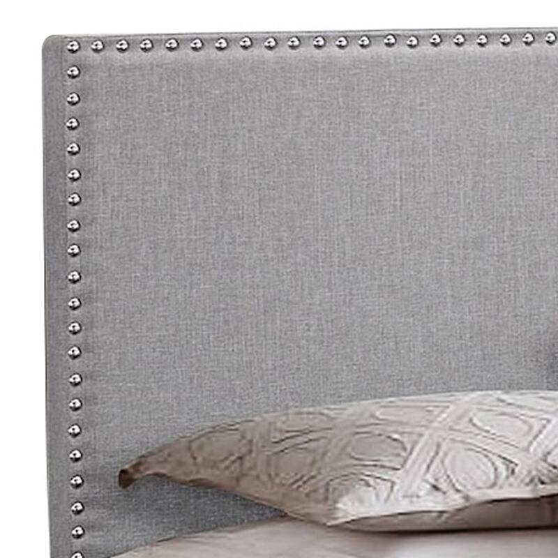 Shirin Twin Size Bed, Wood, Nailhead Trim, Upholstered Headboard, Gray