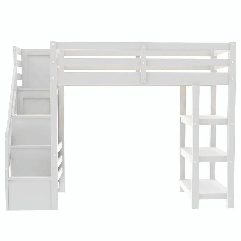 Loft Bed with Shelves, Storage Staircase, Small Wardrobe & White LED Light