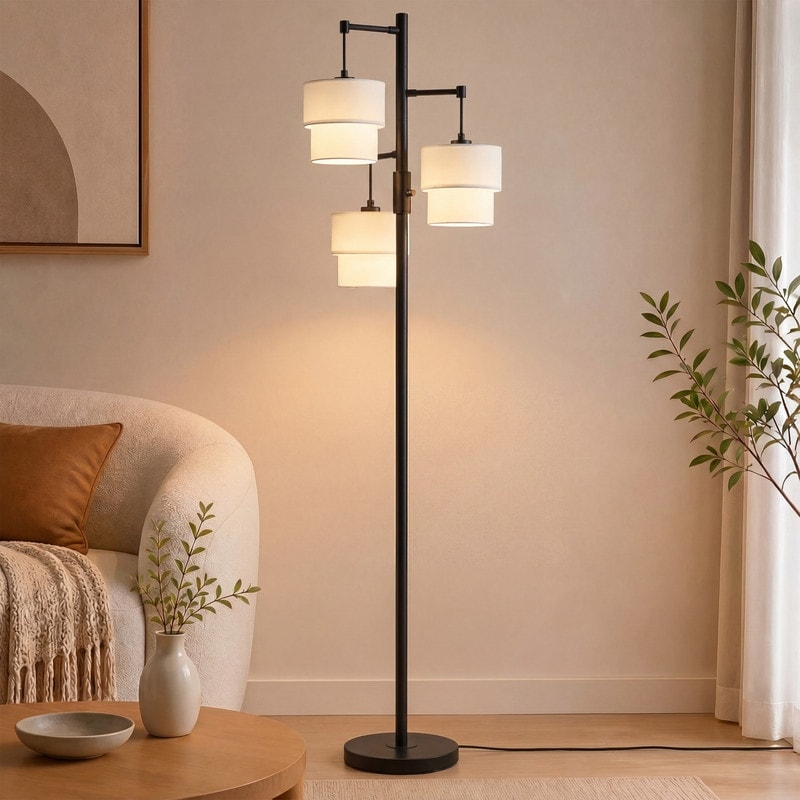 KAWOTI Black Modern 3-Light Tree Floor Lamp with Tiered White Fabric Drum Shades for Living Room - D17" * H64.5"