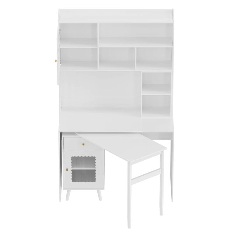 Computer Desk with 90 Rotating Side Table, Storage Drawer, Cabinets and Open Shelves for Home Office Study