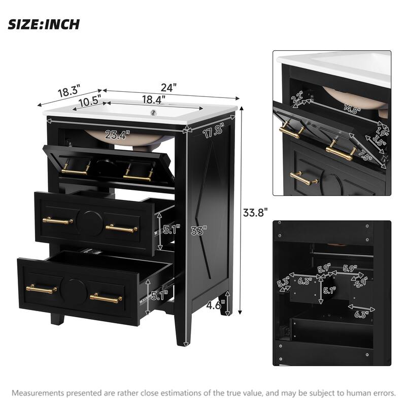 24'' Bathroom Vanity with Ceramic Sink Combo, Freestanding Single Vanity Set with 3 Drawers, Solid Wood Frame