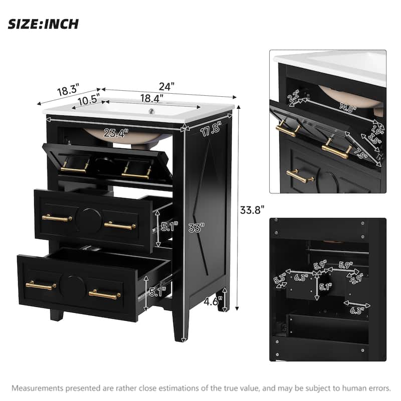 24-Inch Bathroom Vanity with Ceramic Sink, Solid Wood Frame Vanity Cabinet with 3 Drawers, Freestanding Storage