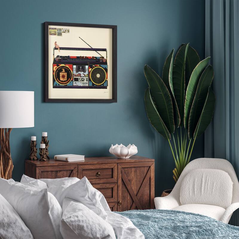 "CIA Boombox" Alex Zeng's signed Hand-made Dimensional Wall Art Collage, under glass and a black shadow box frame