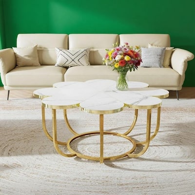 Beige and Gold Floral Coffee Table with Marble Pattern Scratch Resistant Top and Gold Coated Metal Frame
