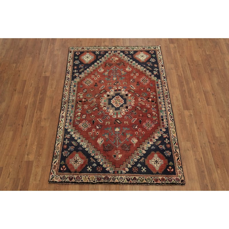 Hand Knotted Oriental 100% Wool Carpet Traditional Tribal Red Shiraz Area Rug - 5' 6'' X 3' 8''