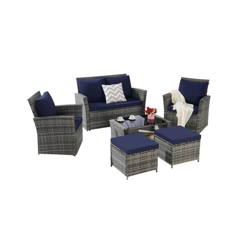 6 Pieces Patio Conversation Furniture Sets, All Weather Wicker Sectional Sofa with Glass Coffee Table and 2 Ottomans
