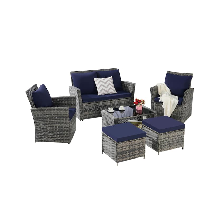 Patio Wicker Furniture Sets with Ottoman & Tempered Glass Coffee Table