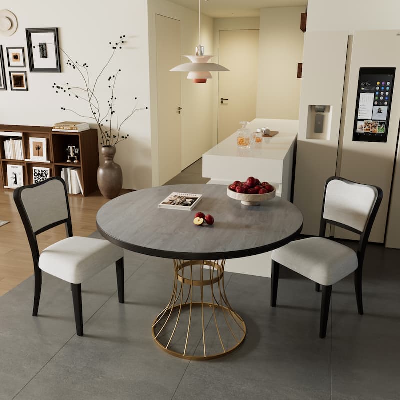 42" Round Dining Set-Solid Wood-Look Veneer Table +2 Upholstered Walnut-Finish Chairs,Heavy-Duty Iron Base,Space-Saving,3-Piece