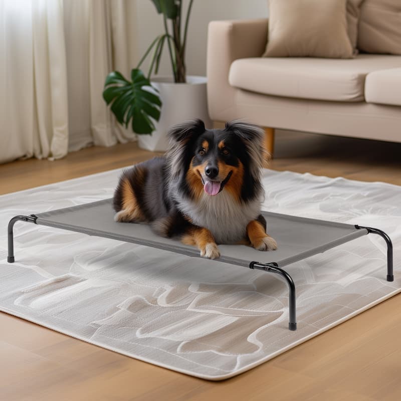 Grey Large Elevated Dog Bed with Powder Coated Steel Frame Perfect for Indoor and Outdoor