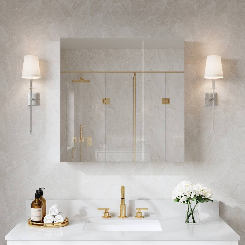 Recessed or Surface Wall Mount Bathroom Medicine Cabinet With Adjustable Glass Shelves - 30"W X30"H,Double Door Open