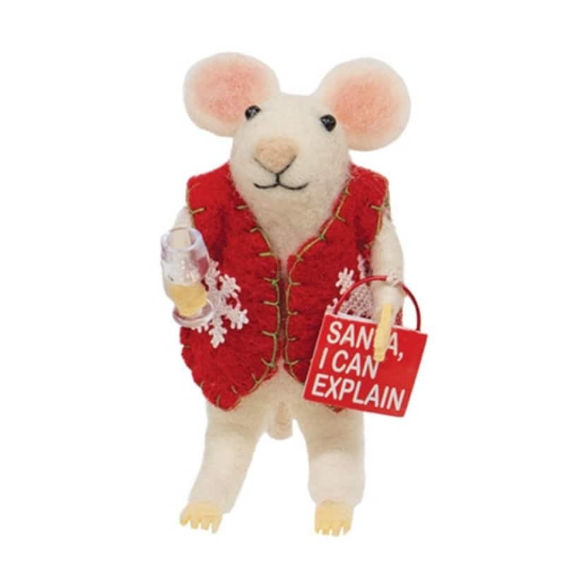 Santa I Can Explain Felted Mouse Ornament for Christmas Tree - 4.5" H x 2.25" W x 1.5" D - White/Red