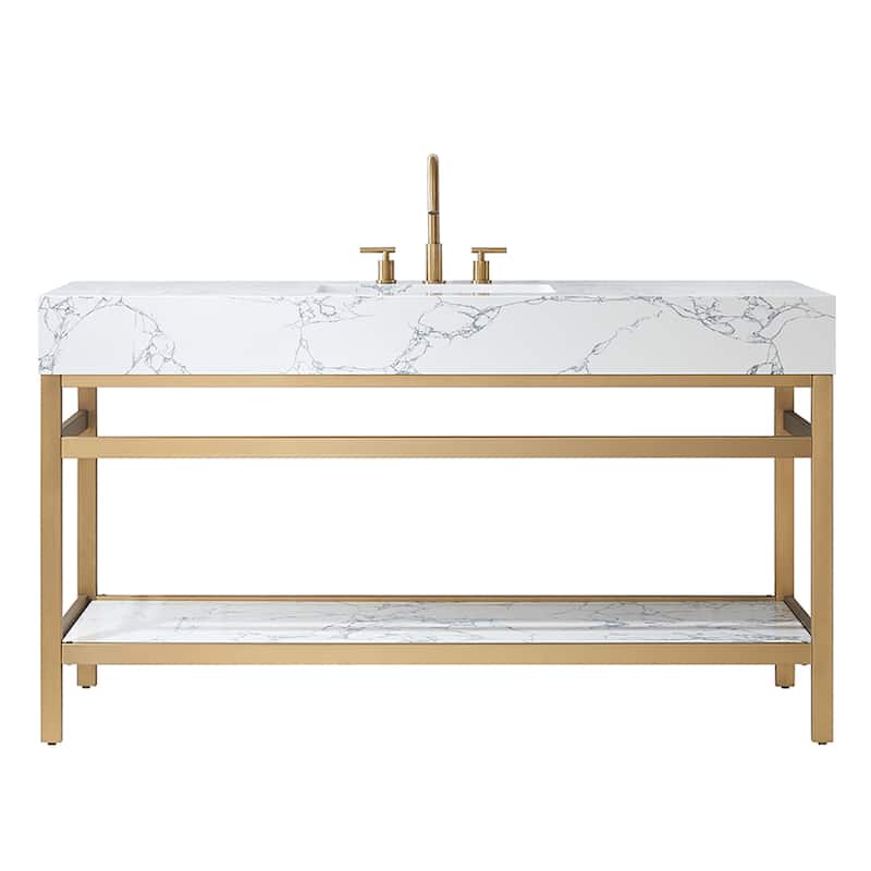 Ecija Bath Vanity, Metal Support with Composite Stone Top, no Mirror - 60 in. - Brushed Gold - Single Sink