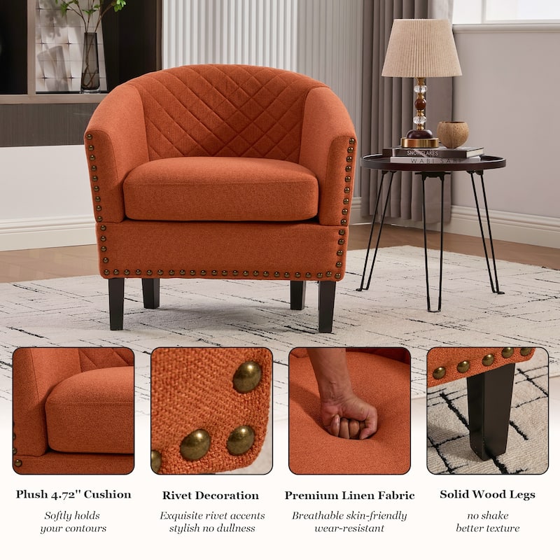 HOMEFUN Leather Upholstered Nailhead Wooden Frame Barrel Club Chair with Solid Woood Legs