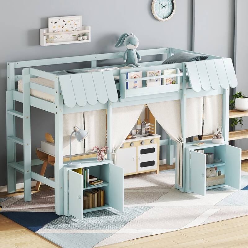 Roomfitters Low Loft Bed with Curtain and Storage, Solid Wood Cottage Frame with Bookshelf