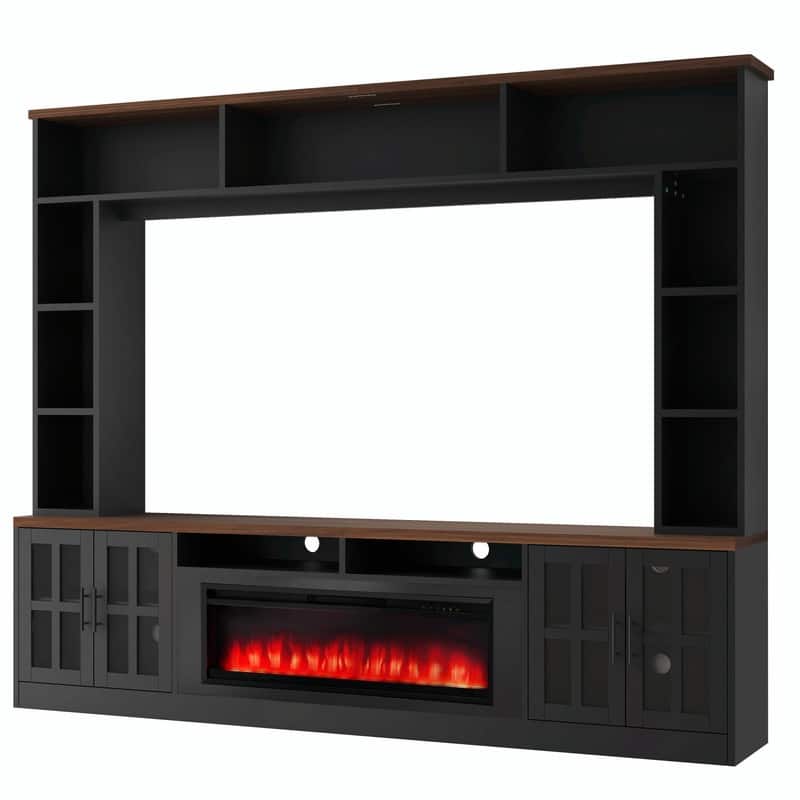 95.5" Wide Wall Unit Entertainment Center with Electric Fireplace and Bookshelves for TVs up to 80"