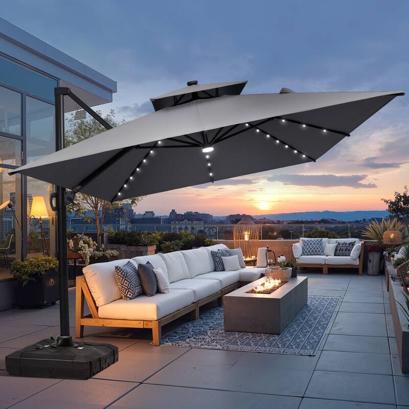 10 X 13 FT Outdoor Patio Cantilever Umbrella with Solar Lights Wheeled Base Double Canopy 360 Rotation Tilt - DarkGrey