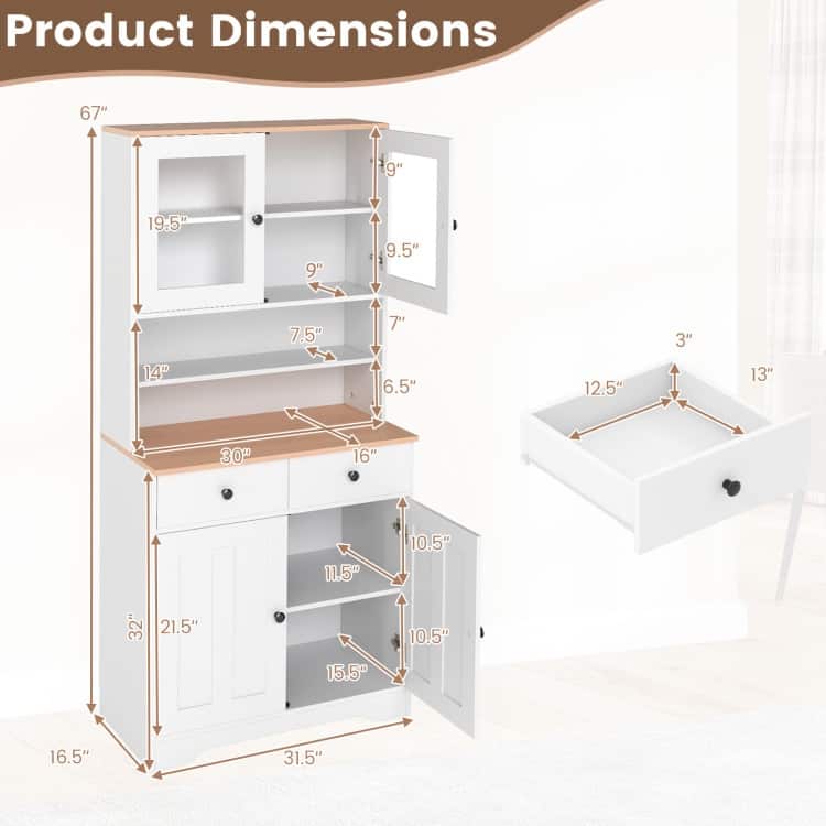Pantry Cabinet with Glass Doors Adjustable Shelves and 2 Drawers for Kitchen Storage - 31.5" x 16.5" x 67"