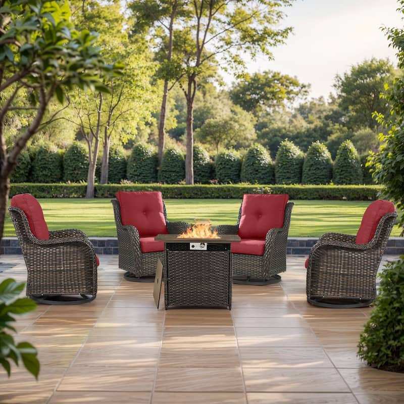 Gymojoy 5-Piece Outdoor Furniture Chair Set, 4 Swivel Chairs & 55K BTU Fire Pit Table - Brown Wicker / Red Cusion - 5-Piece