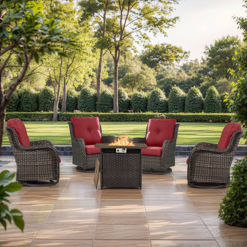 Pocassy Fire Pit Table with Sofa Swivel Chairs Set - Brown Wicker Red Cushion - 5 Pieces Swivel Chair with Fire Table