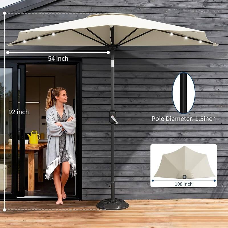 9FT Half Patio Umbrella with Smooth Crank Lift, Shade Canopy for Patio, Backyard, Garden with LED Lights (No Base)