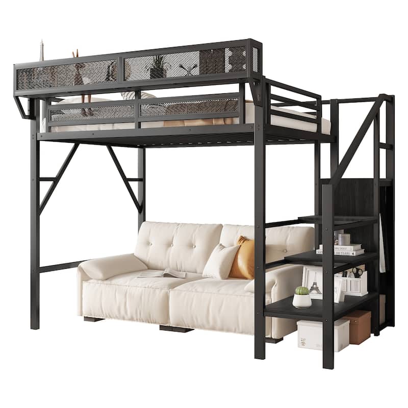 Metal Loft Bed with Wooden Stairs Built-in Storage Shelves and Wardrobe, High Loft Bed Frame with Side Grid Storage Rack