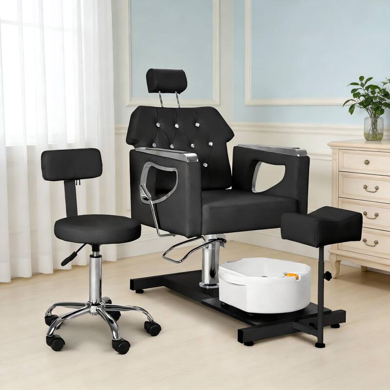 Pedicure Chair with Foot Spa Stool with Adjustable Pedicure Stand - Black/Gold