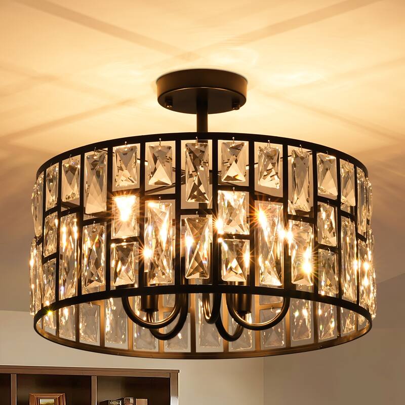 3/5-Light Industrial Vintage Black Drum Semi-Flush Mount Ceiling Light with Crystal Accents
