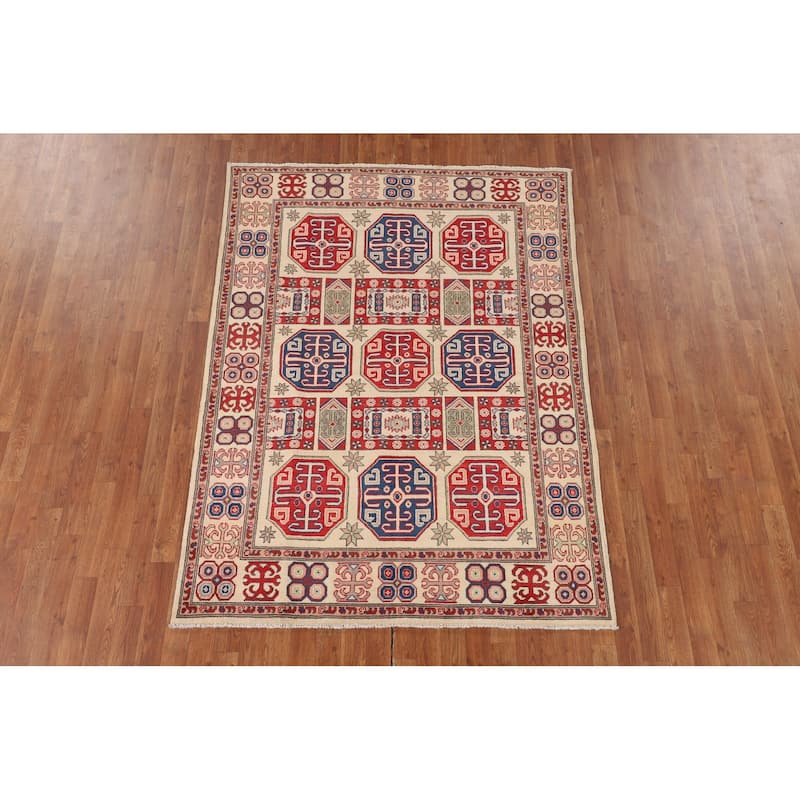 Geometric Kazak Oriental Area Rug Hand-Knotted Bedroom Wool Carpet - 5'0" x 6'9"